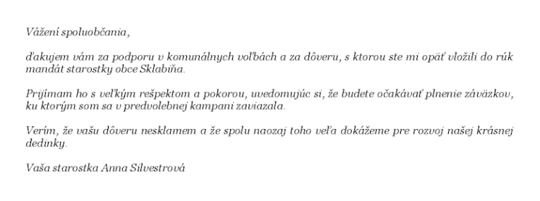 poďakovanie novozvolenej starostky
